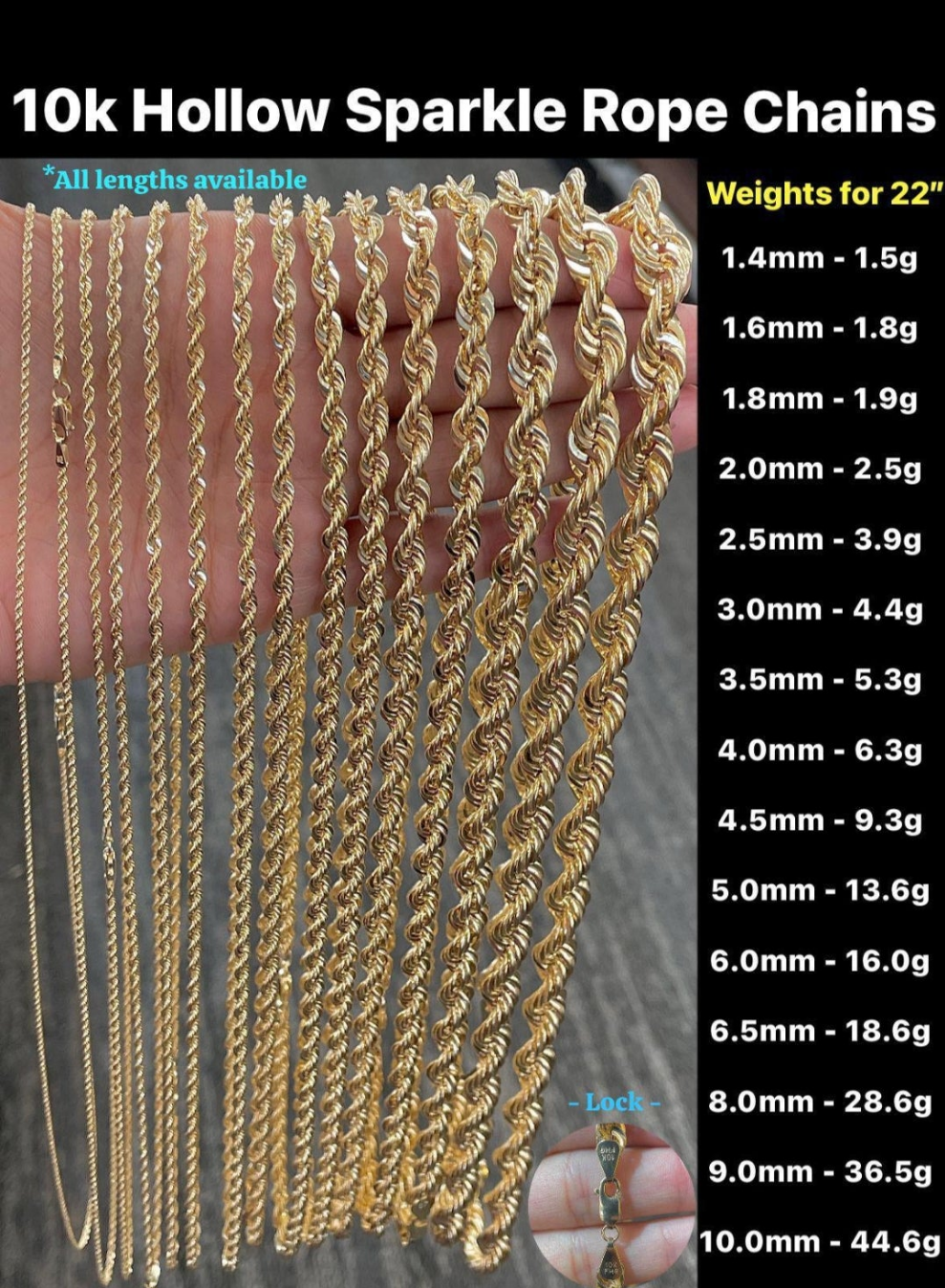 10k gold HOLLOW Rope Chains 22inch